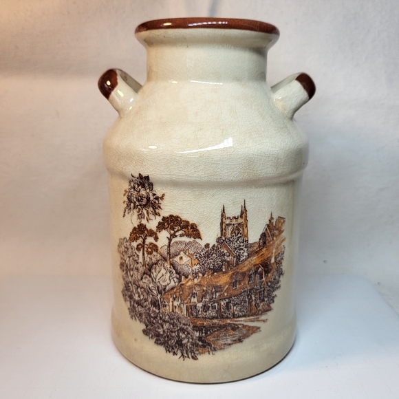 unbranded Other - Milk Can Jug VASE Ceramic Handles 7" Tall Design Country Farmhouse Cream Browns